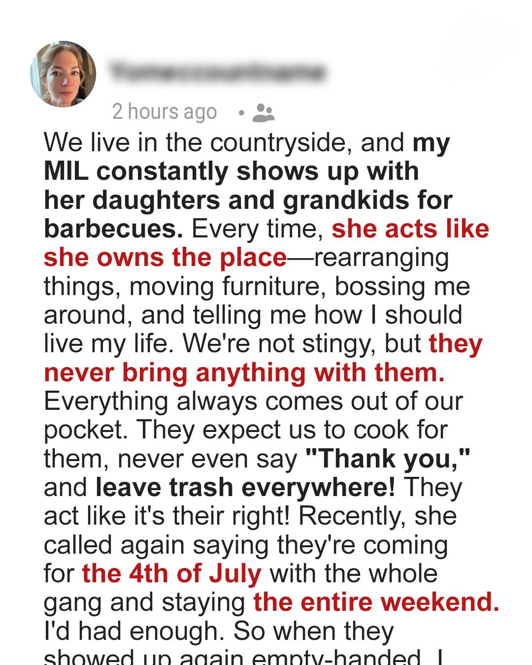 When My MIL Showed Up Empty-Handed Again for BBQ, I Served a Surprise She Won’t Forget