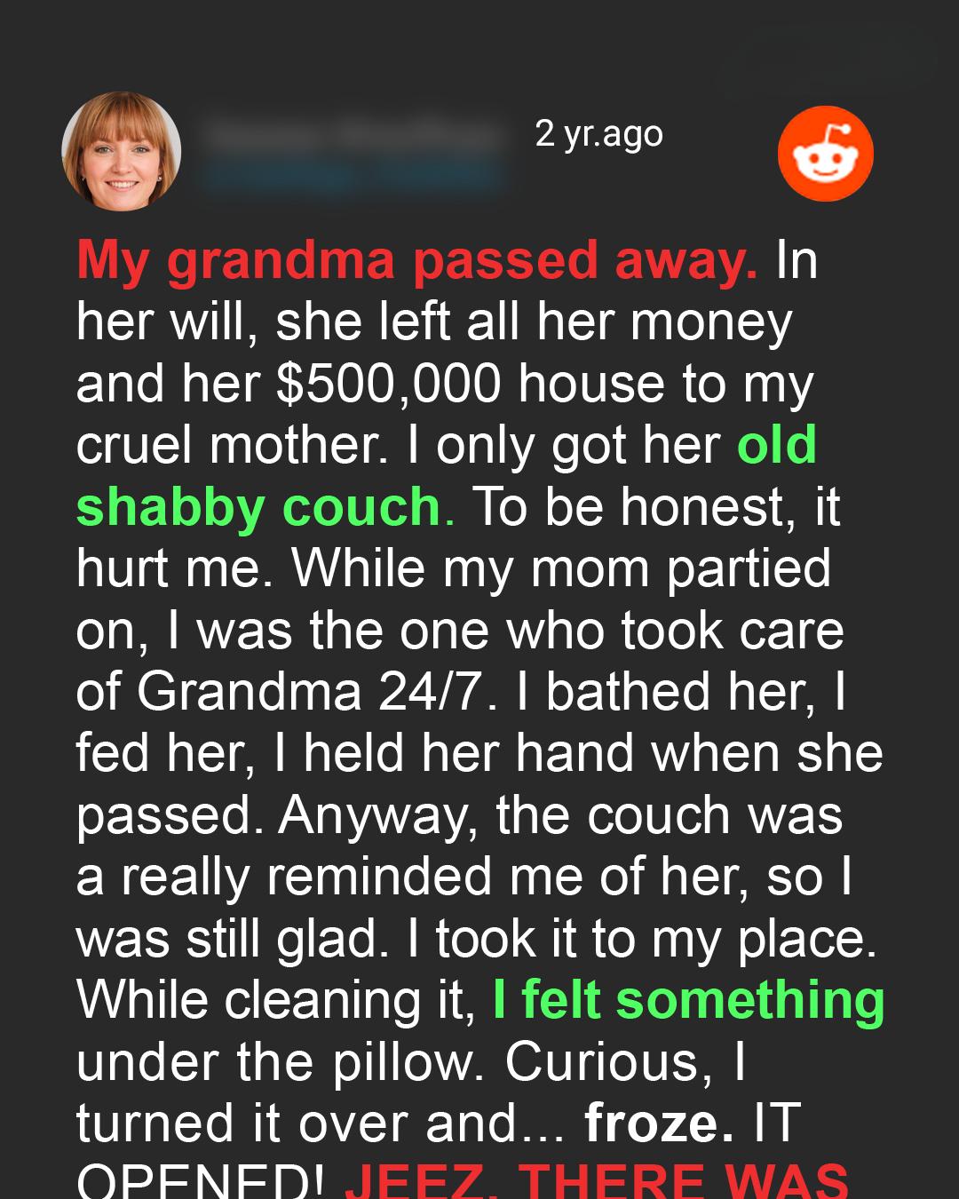 Devoted Granddaughter Cares for Dying Grandmother — Inherits Only Her Old Couch, Then Discovers a Hidden Surprise Devoted Granddaughter Cares for Dying Grandmother — Inherits Only Her Old Couch, Then Discovers a Hidden Surprise