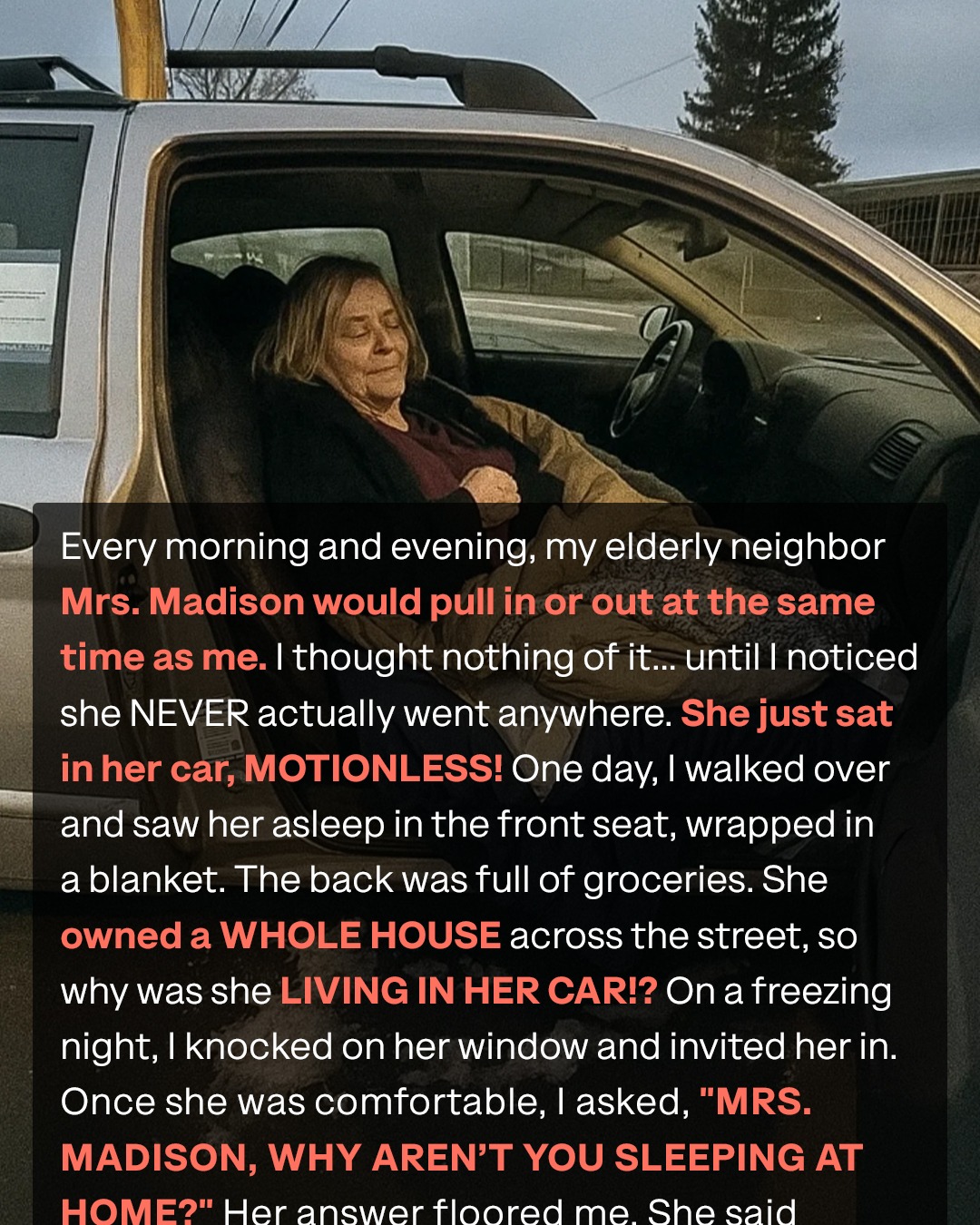 Kind Neighbor Discovers Elderly Woman Living in Her Car and Changes Her Life Forever