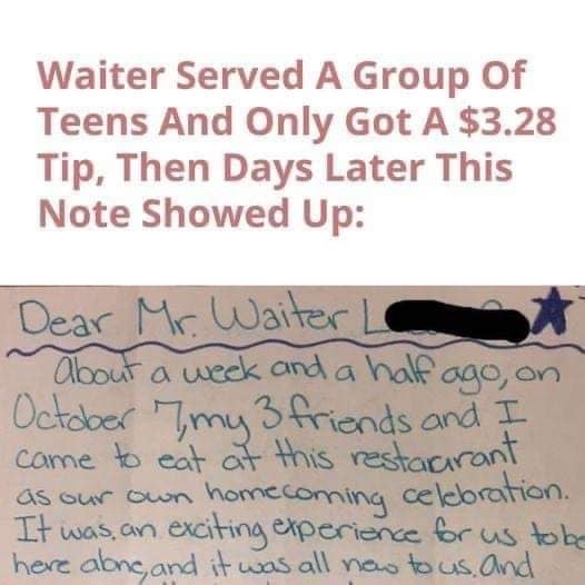 “Waiter’s Disappointment Turns to Surprise After Teen’s Heartfelt Letter”